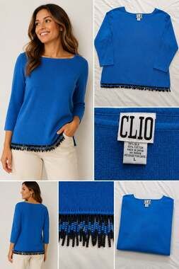 Clio Silk Blend Sweater Women's L Blue 3/4 Sleeve Beaded Fringe Hem Top